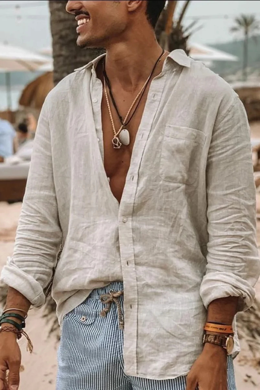 Roman – Camisa de Lino de Manga Larga Holgada para Hombre
