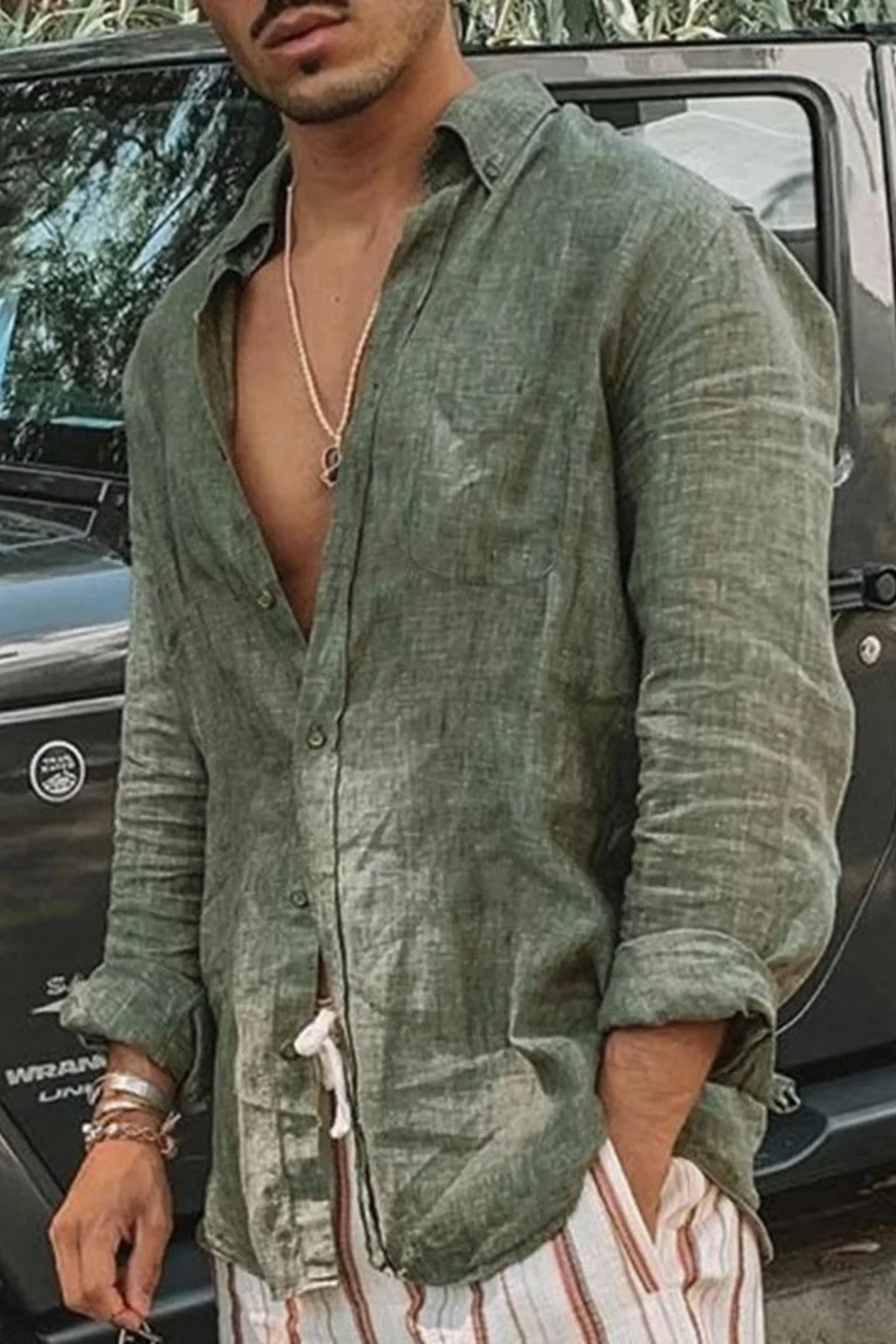 Roman – Camisa de Lino de Manga Larga Holgada para Hombre