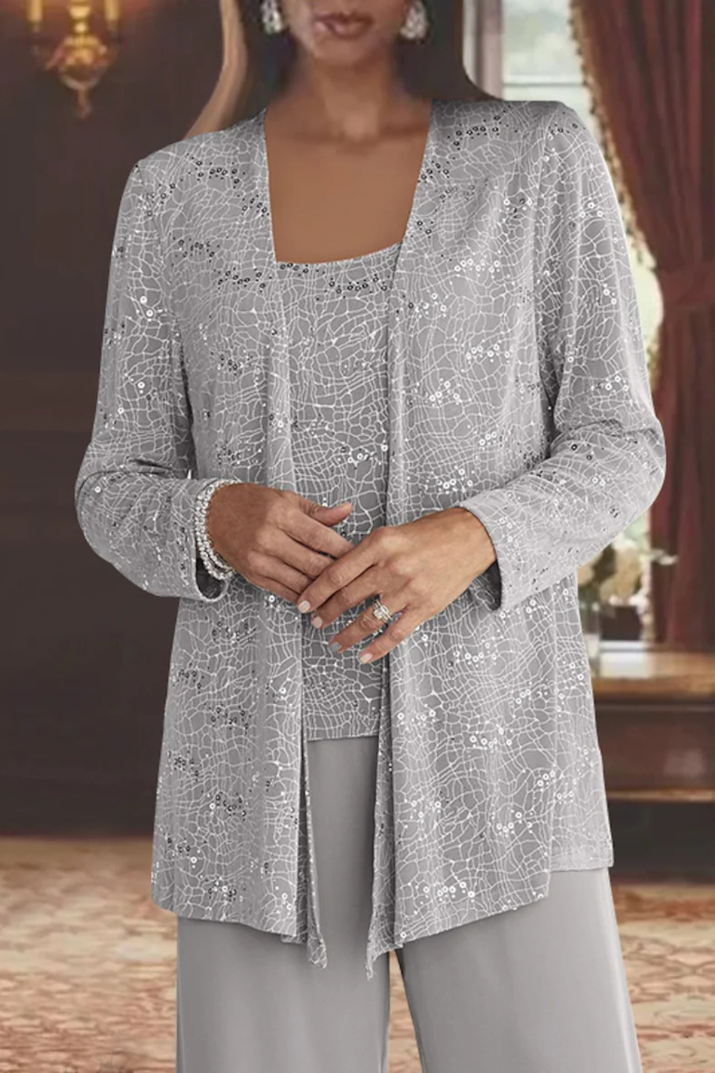 Miriam – Conjunto de Tres Piezas con Chaqueta de Lentejuelas y Pantalón Ancho