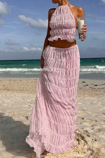 Cora – Conjunto de 2 Piezas: Top Halter Fruncido y Falda Maxi