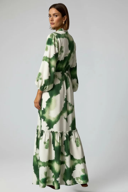 Thea – Vestido Maxi Estampado en Capas con Manga Larga