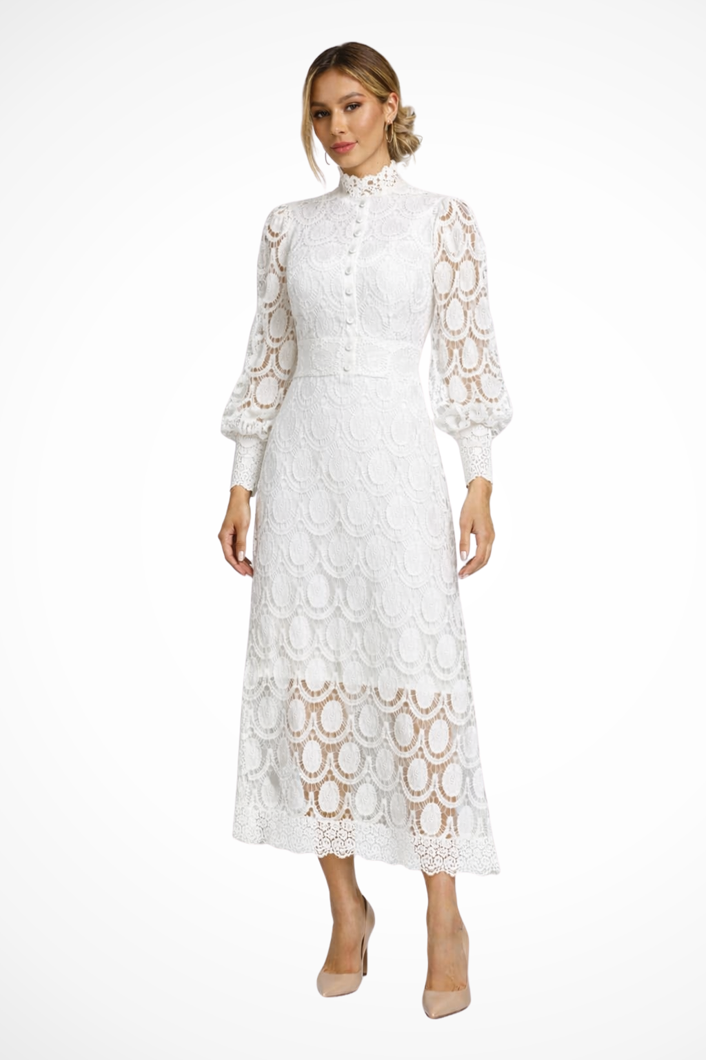 Mathilde – Vestido Midi de Encaje con Cuello Alto y Manga Larga para Boda