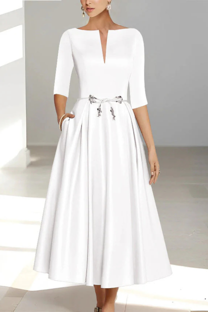 Cordelia – Vestido Midi Plisado Línea A con Cuello Barco para Boda