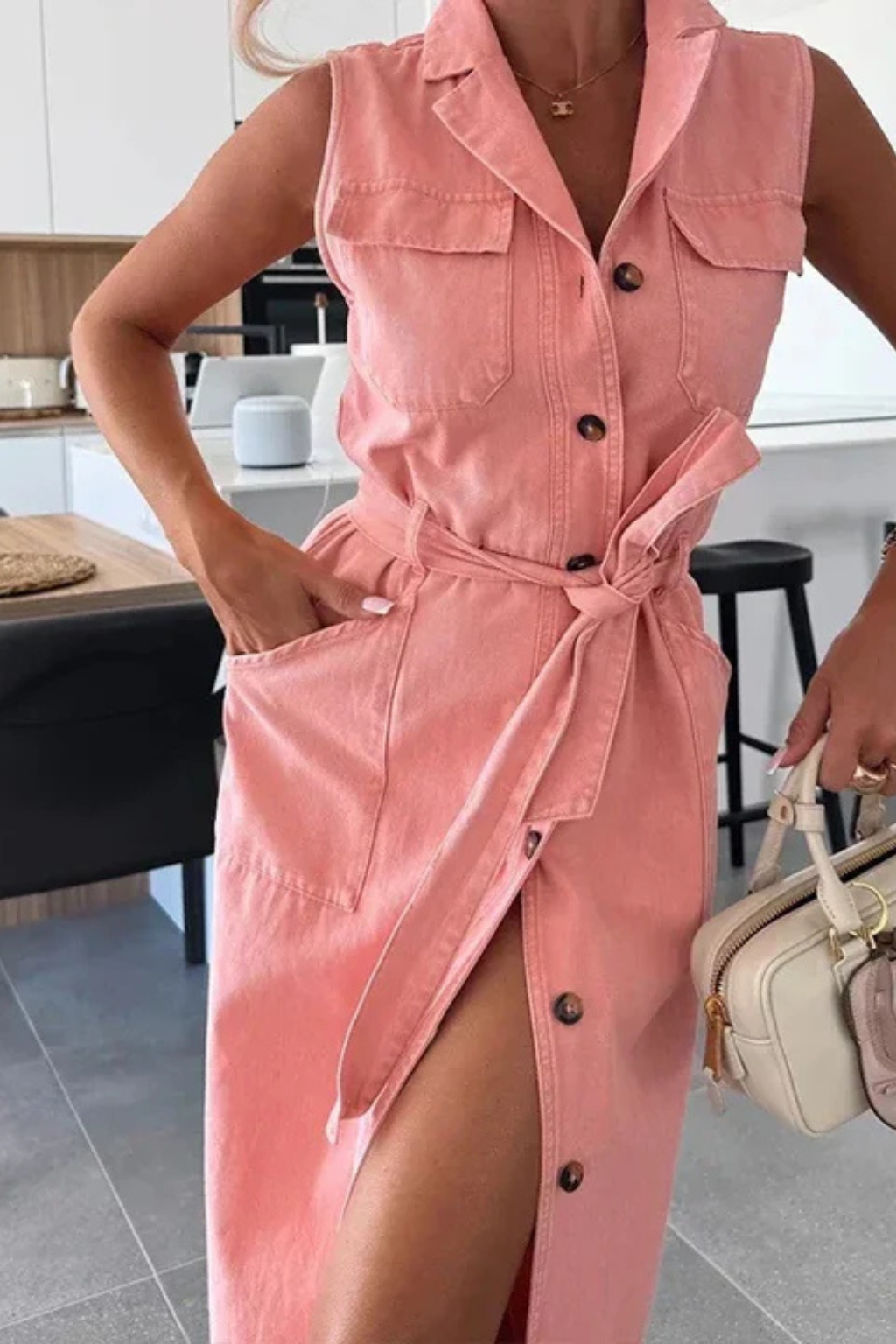 Lottie – Vestido Maxi de Denim sin Mangas con Cinturón y Abertura