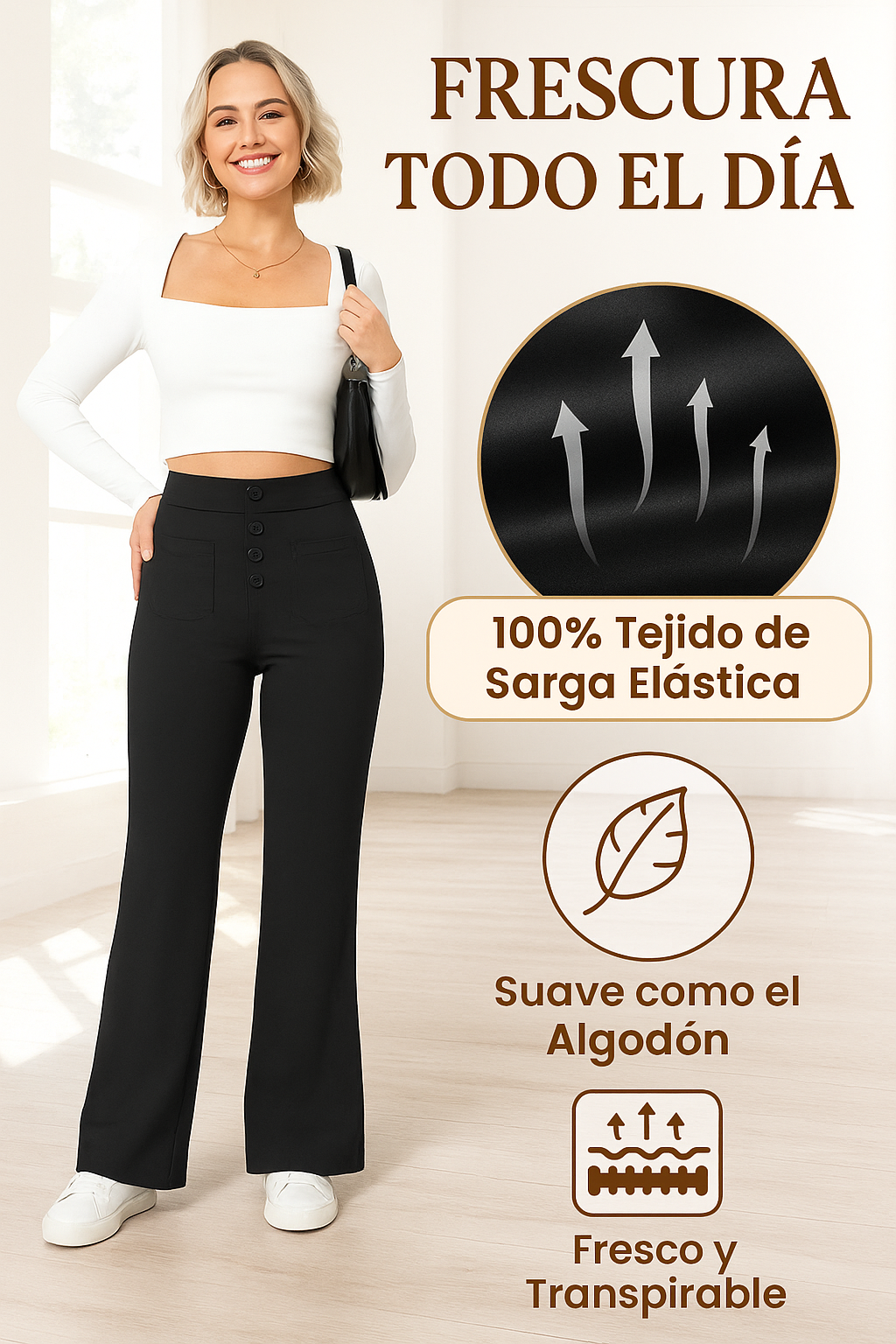 Detalle pantalones de mujer Cintura Alta – vista frontal | Horizoncor