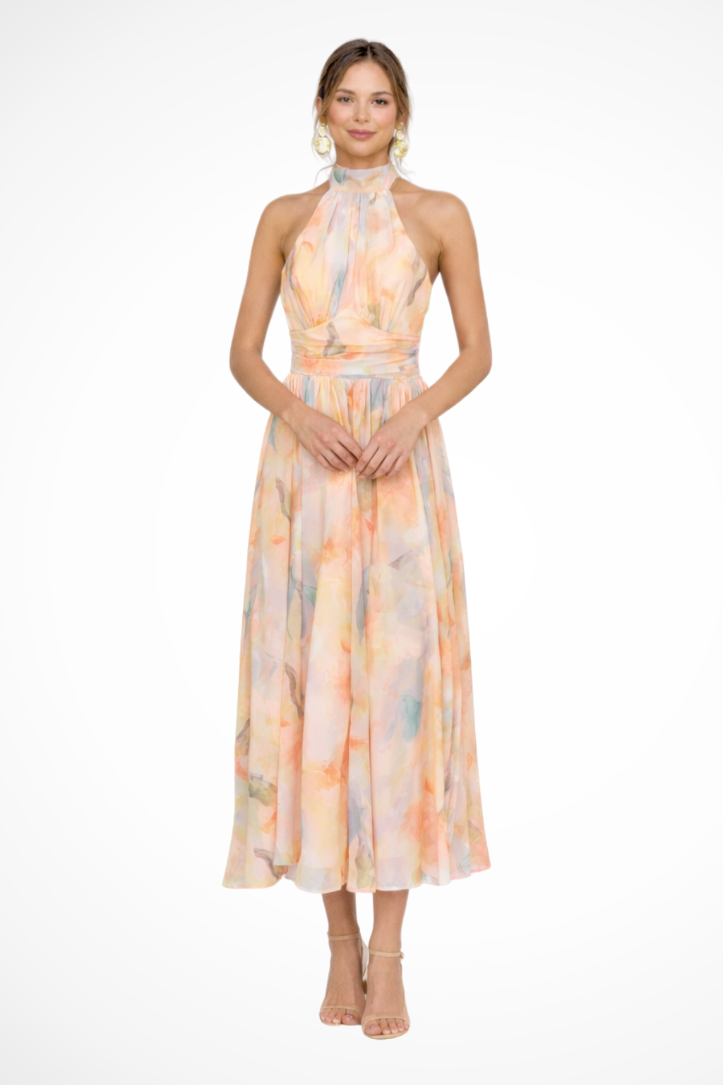 Isolde – Vestido Maxi Halter con Estampado Abstracto
