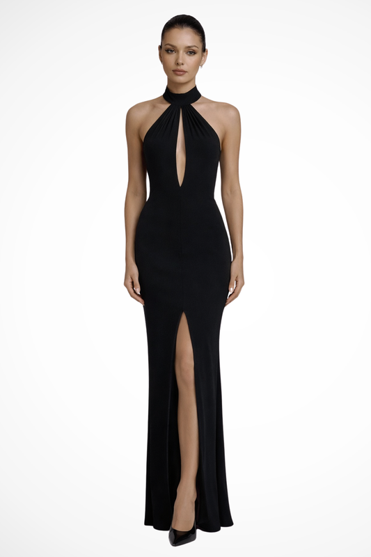 Novara – Vestido Maxi Formal Halter con Espalda Abierta y Abertura