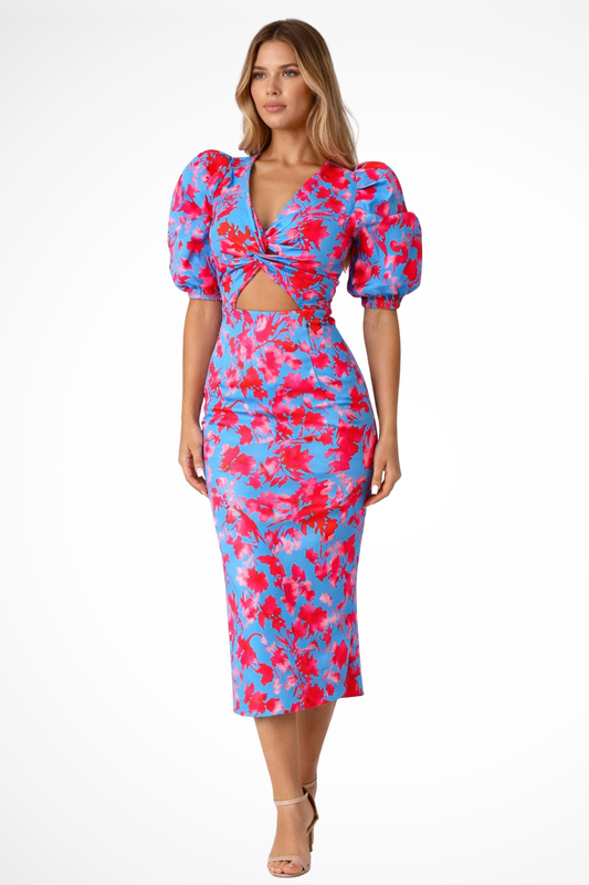 Sophia – Vestido Midi Floral con Manga Globo y Nudo Central