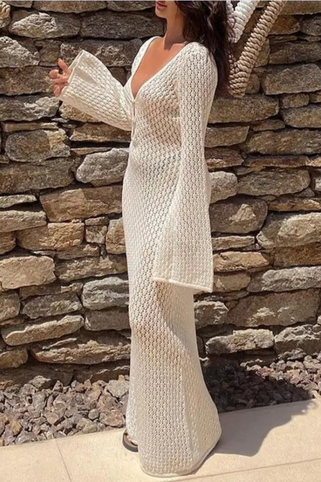 Maris – Vestido Maxi de Punto Calado con Escote en V y Espalda Abierta