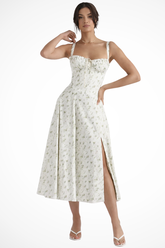 Tabitha – Vestido Midi Floral con Escote Cuadrado y Corsé para Boda