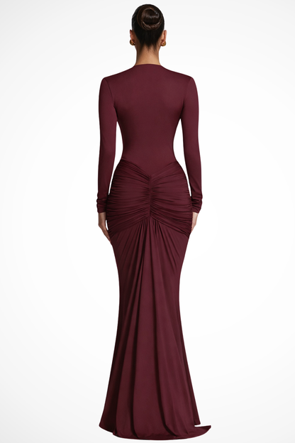 Margot – Vestido Maxi Fruncido con Escote en V Profundo y Manga Larga