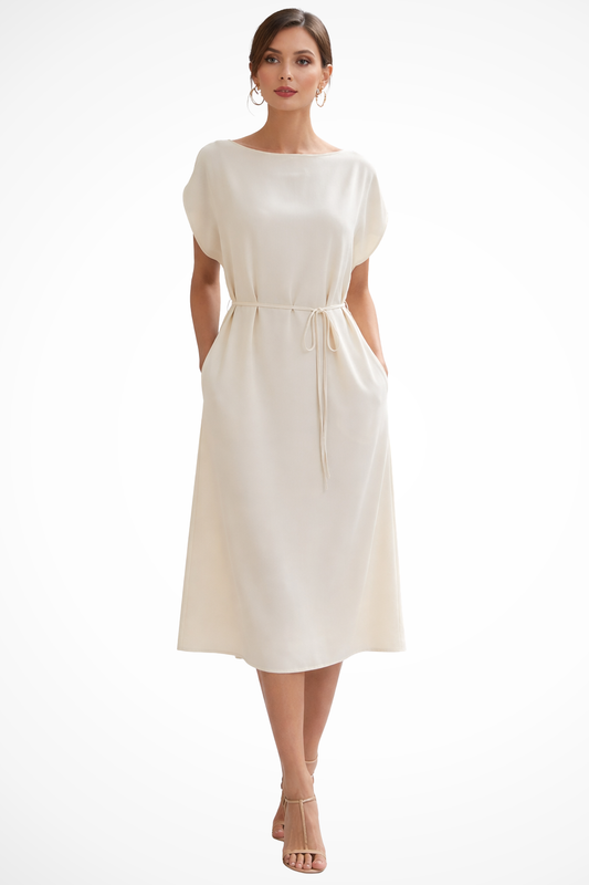Waverly – Vestido Midi con Manga Murciélago y Cintura Anudada para Boda