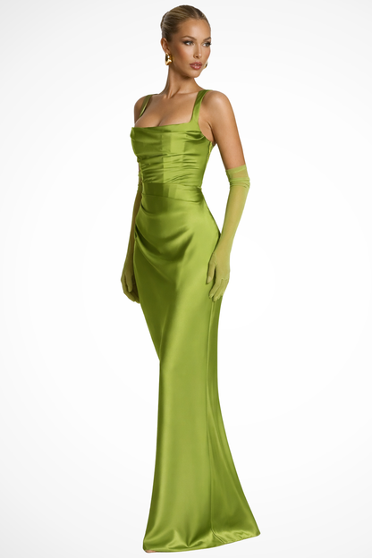 Vivienne – Vestido Maxi de Satén Fruncido con Escote Cuadrado para Boda