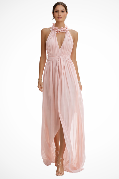 Valentina – Vestido Maxi Halter de Chiffon Plisado