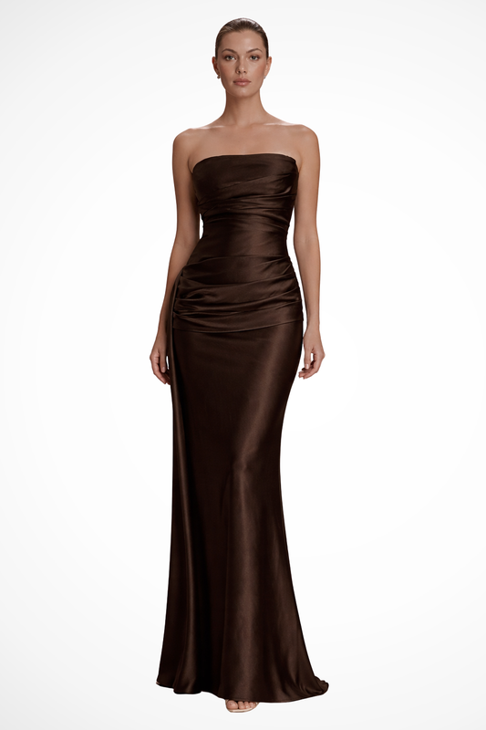 Serena – Vestido Maxi de Satén Fruncido sin Tirantes para Boda