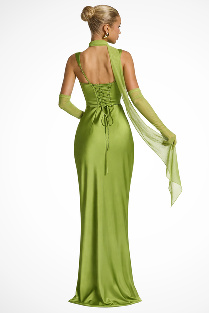 Vivienne – Vestido Maxi de Satén Fruncido con Escote Cuadrado para Boda