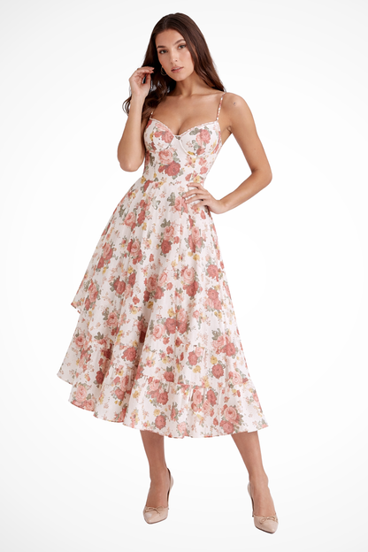 Joanna – Vestido Midi Floral con Corsé para Boda