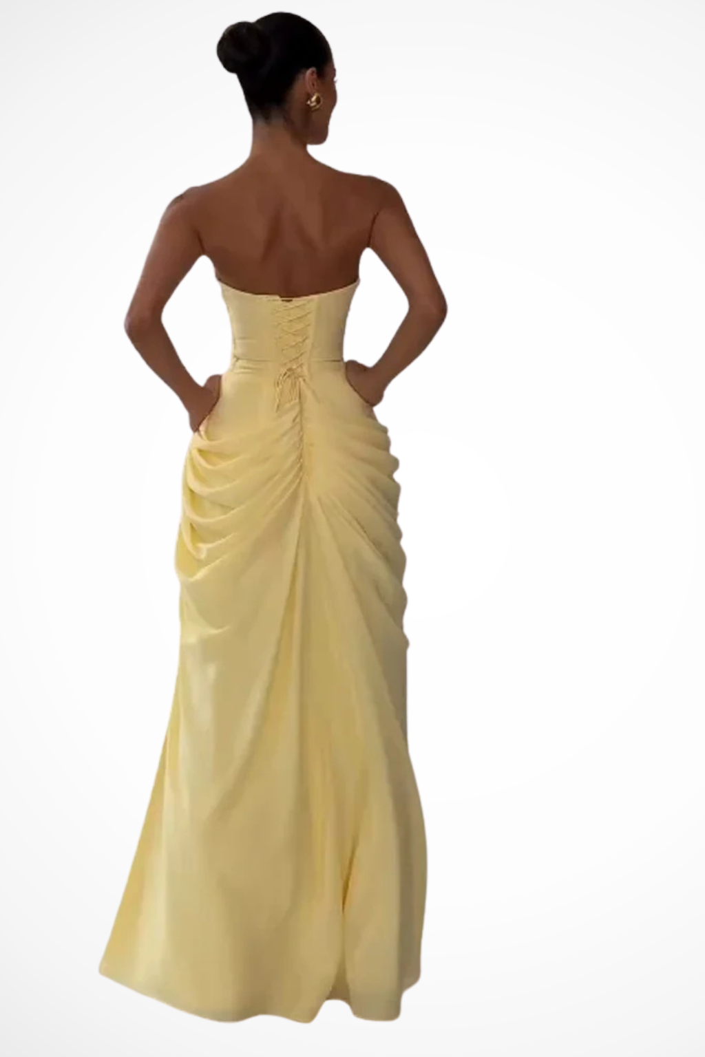 Evangeline – Vestido Maxi Strapless Fruncido con Abertura para Boda
