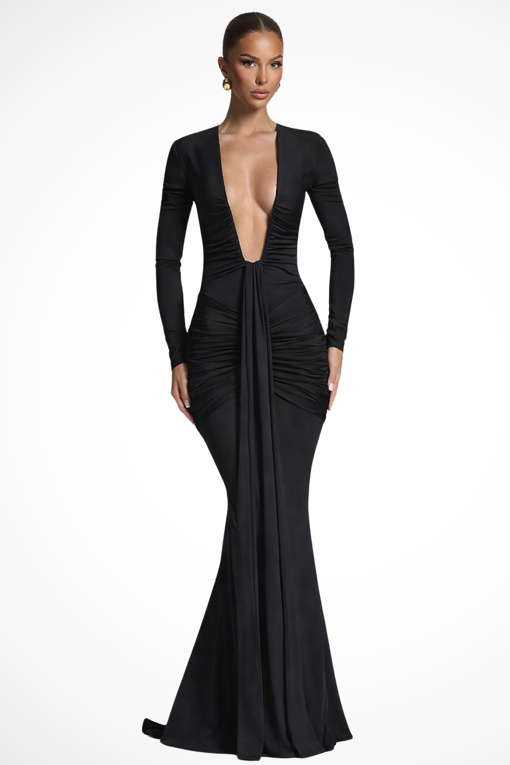 Margot – Vestido Maxi Fruncido con Escote en V Profundo y Manga Larga