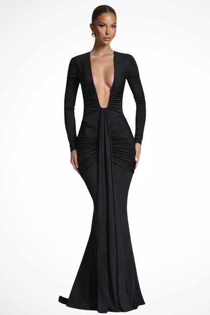 Margot – Vestido Maxi Fruncido con Escote en V Profundo y Manga Larga