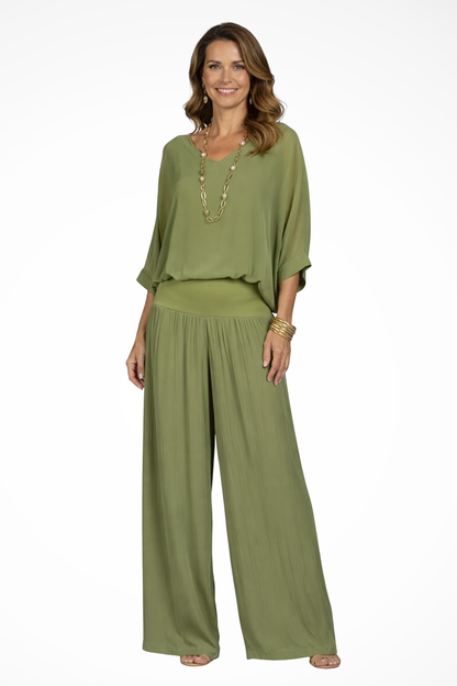 Margot – Conjunto Elegante de Top Drapeado y Pantalón Ancho de 2 Piezas