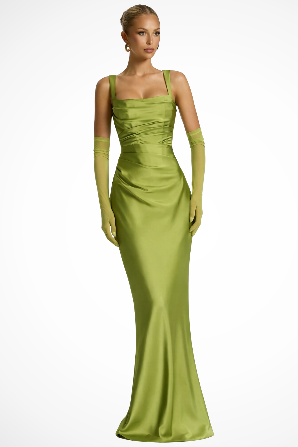 Vivienne – Vestido Maxi de Satén Fruncido con Escote Cuadrado para Boda