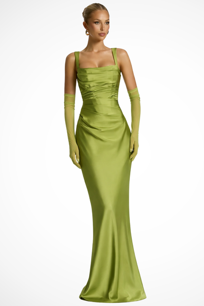 Vivienne – Vestido Maxi de Satén Fruncido con Escote Cuadrado para Boda
