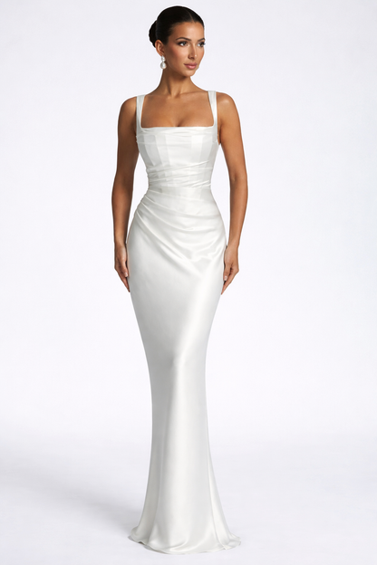 Vivienne – Vestido Maxi de Satén Fruncido con Escote Cuadrado para Boda