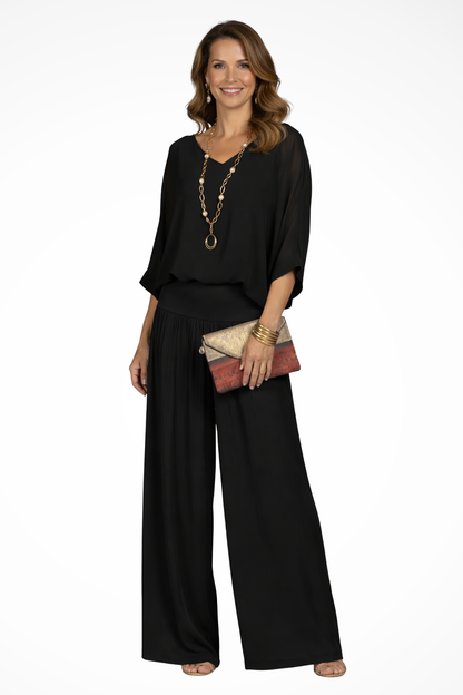 Margot – Conjunto Elegante de Top Drapeado y Pantalón Ancho de 2 Piezas
