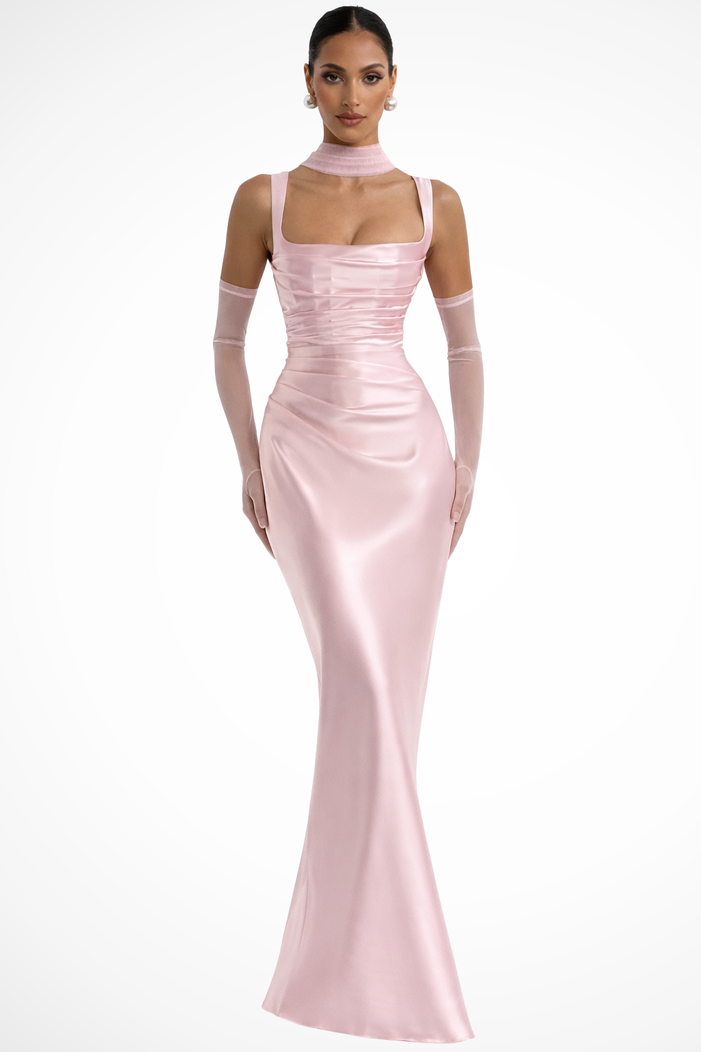 Vivienne – Vestido Maxi de Satén Fruncido con Escote Cuadrado para Boda