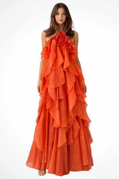 Vivienne – Vestido Maxi Halter con Volantes en Capas