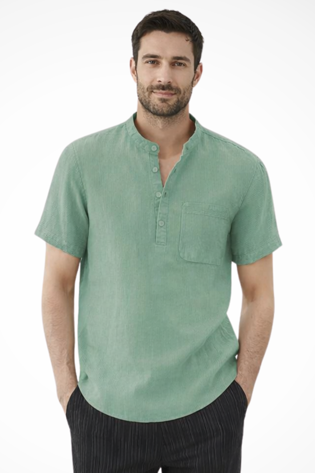 Archer – Camisa de Lino de Manga Corta con Cuello de Banda para Hombre
