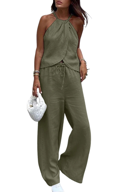 Amy – Conjunto de Top Halter y Pantalón Ancho de Verano