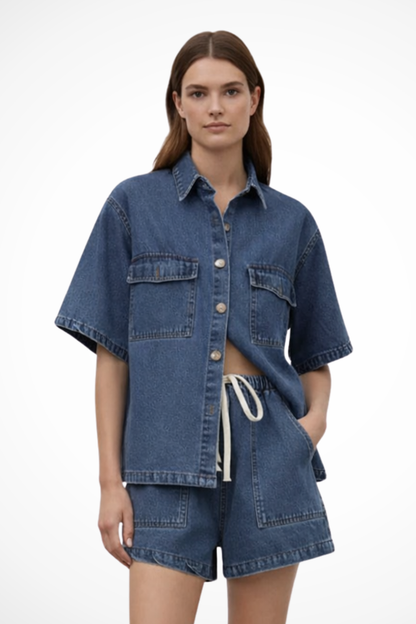 Sadie – Conjunto de Camisa Denim con Botones y Shorts