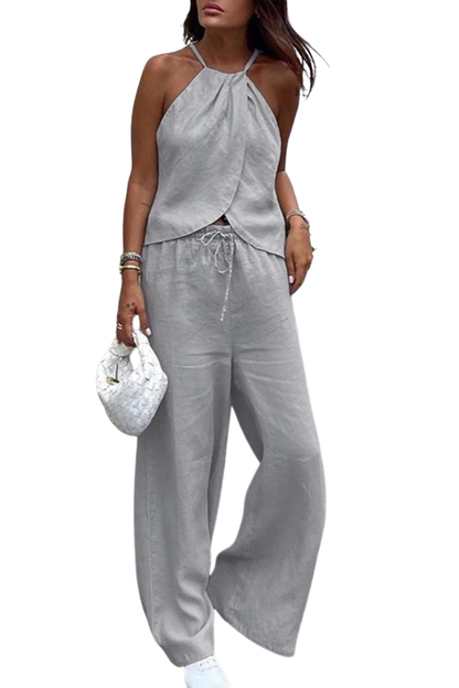 Amy – Conjunto de Top Halter y Pantalón Ancho de Verano