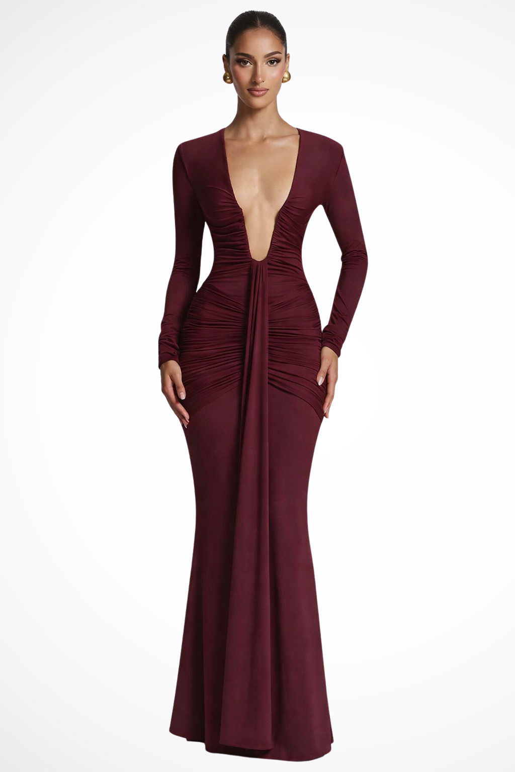 Margot – Vestido Maxi Fruncido con Escote en V Profundo y Manga Larga