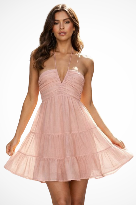 Romilly – Mini Vestido Halter con Escote en V y Volantes en Capas