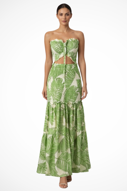 Nella – Vestido Maxi Tropical sin Tirantes con Fruncido