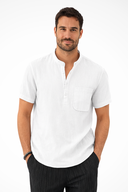 Archer – Camisa de Lino de Manga Corta con Cuello de Banda para Hombre