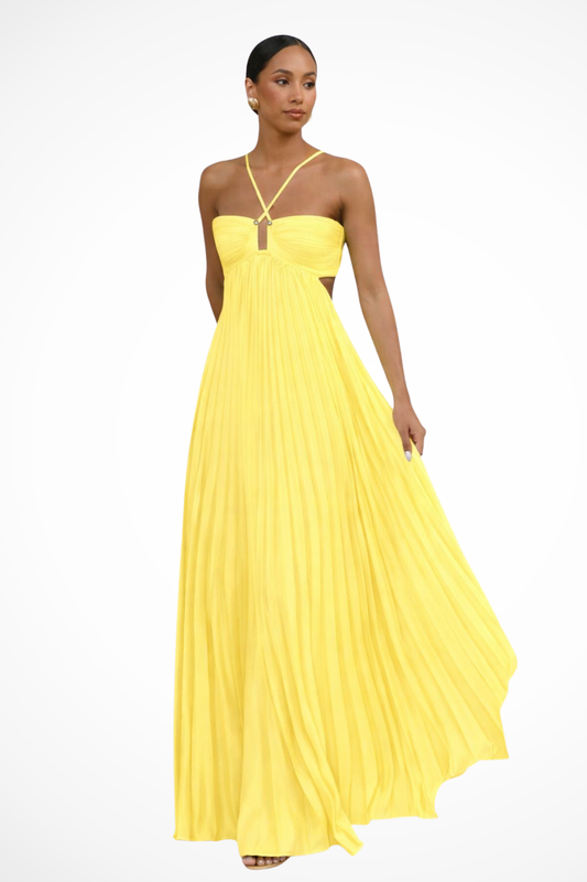Aurelia – Vestido Maxi Halter Plisado Fluido con Espalda Abierta
