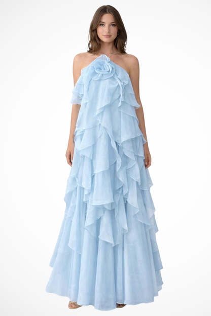 Vivienne – Vestido Maxi Halter con Volantes en Capas