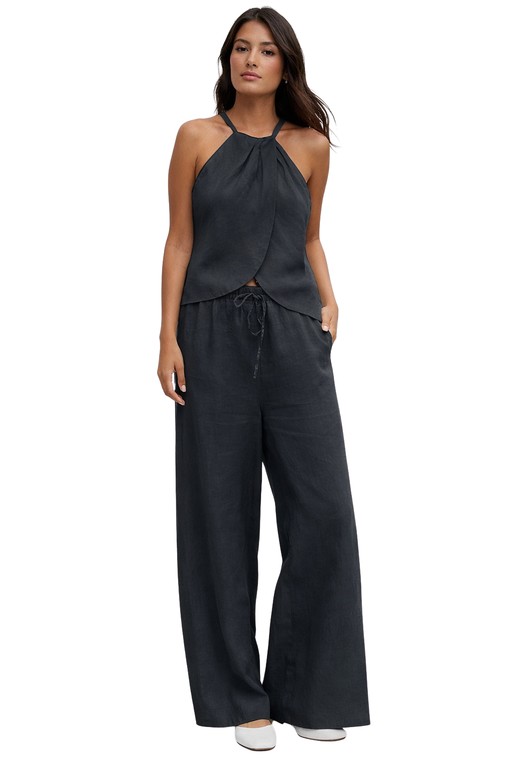 Amy – Conjunto de Top Halter y Pantalón Ancho de Verano