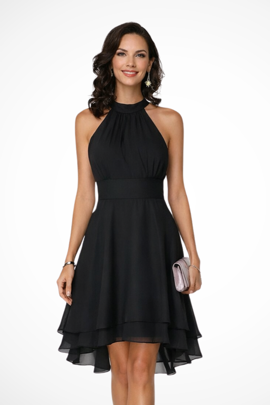 Eluned – Vestido Mini Halter con Falda en Capas