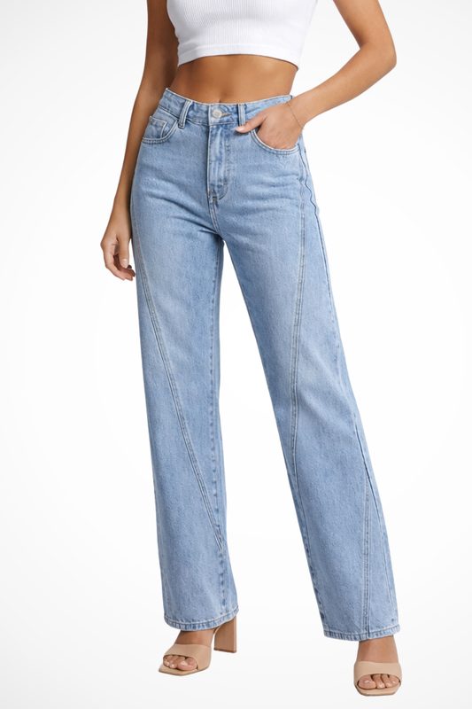 Everly – Jeans de Pierna Ancha de Tiro Alto con Costuras Decorativas