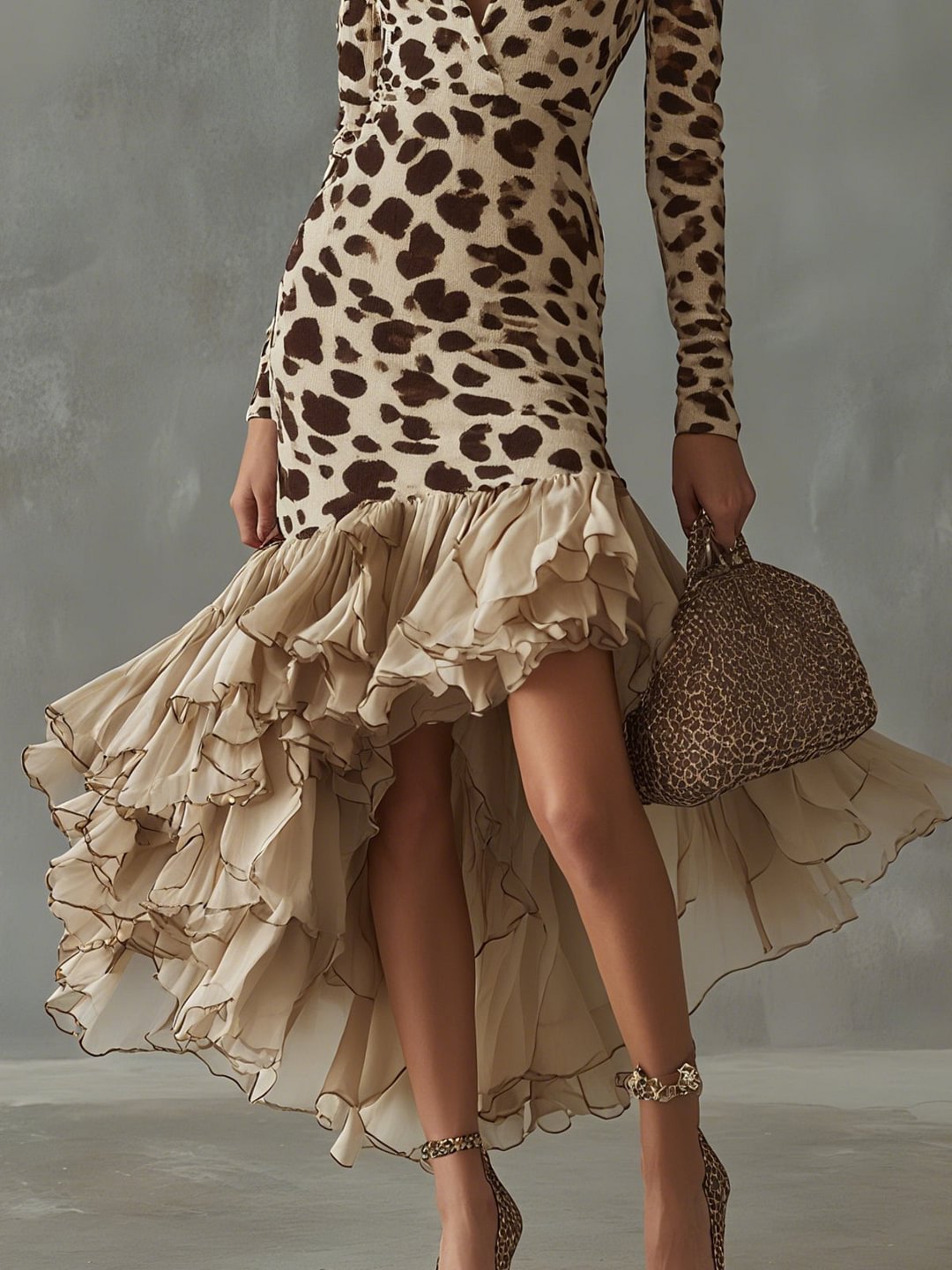 Modelo con vestido midi elegante Carmen  Vestido de Mujer con estampado animal y volantes | Horizoncor México