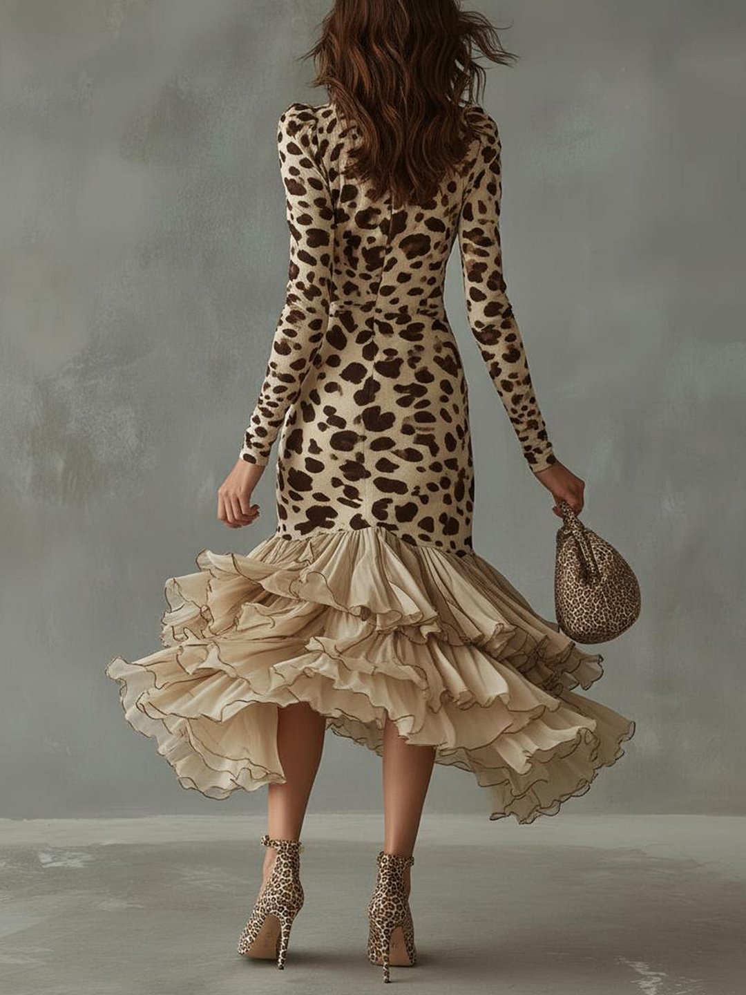 Detalle vestido midi elegante Carmen  Vestido de Mujer con estampado animal y volantes – vista frontal | Horizoncor