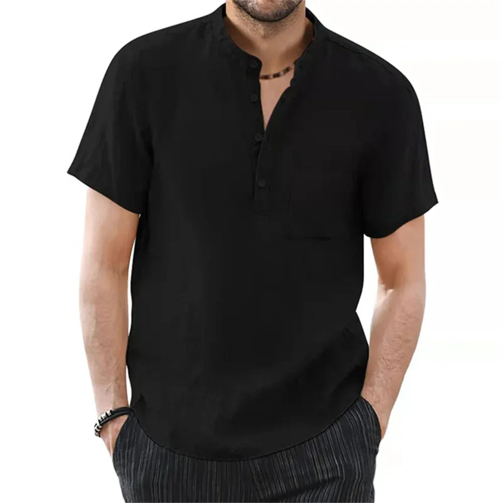 Archer – Camisa de Lino de Manga Corta con Cuello de Banda para Hombre
