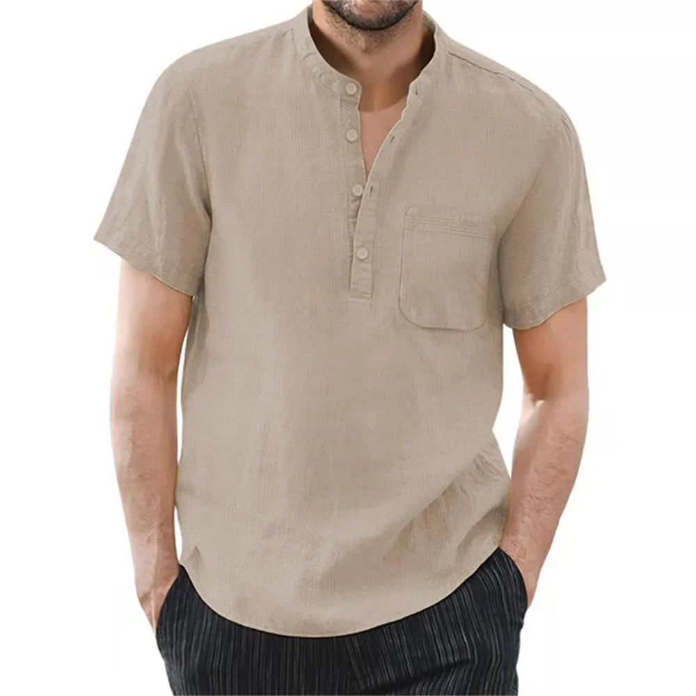 Archer – Camisa de Lino de Manga Corta con Cuello de Banda para Hombre