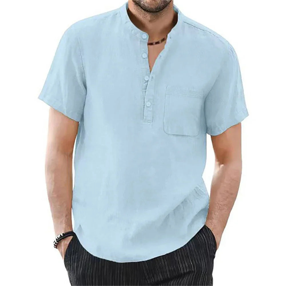 Archer – Camisa de Lino de Manga Corta con Cuello de Banda para Hombre