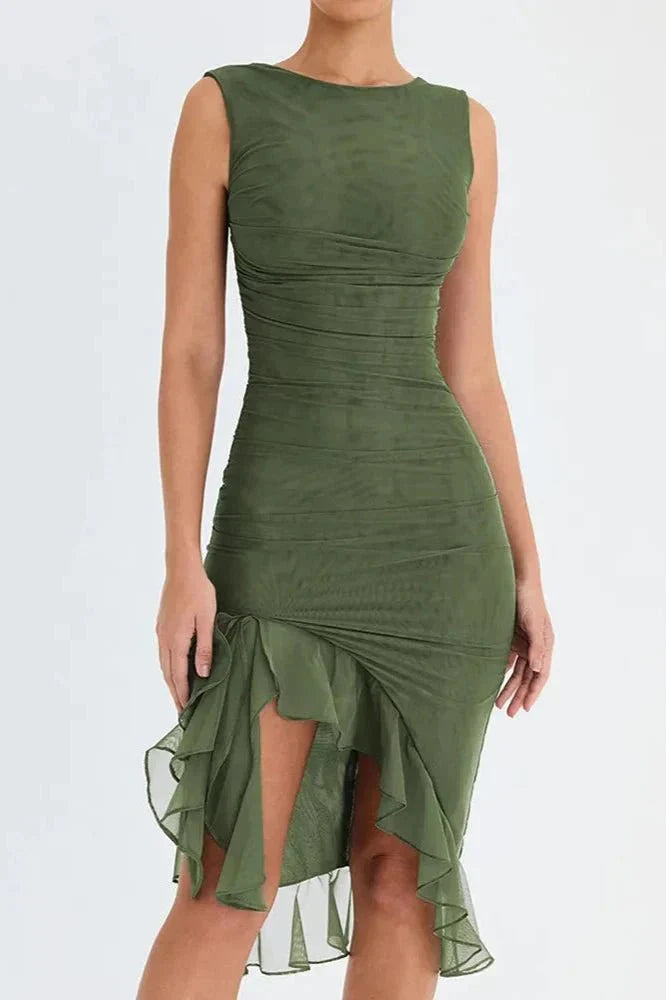 Aurevia – Vestido Midi Fruncido sin Mangas para Boda